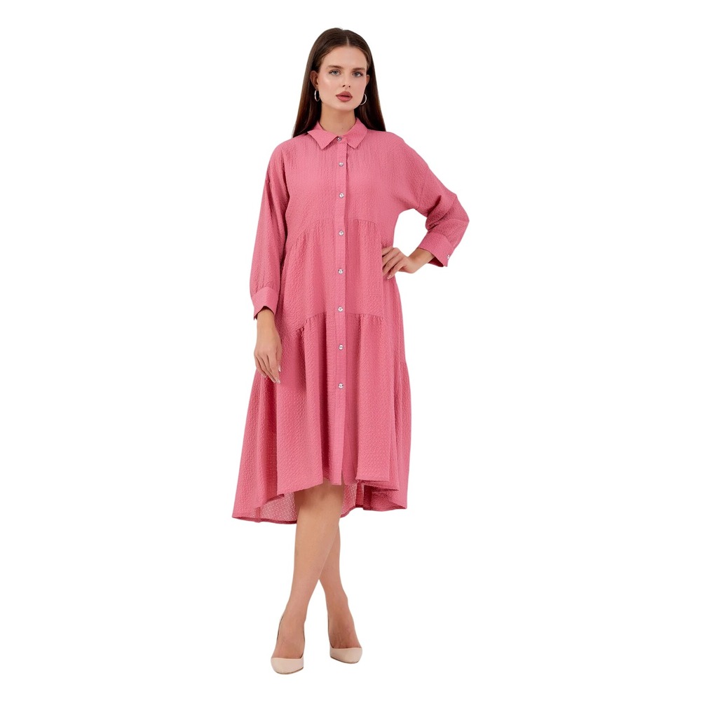 Pink Crepe Tiered Shirt Dress High Low Midi Long Sleeve Casual